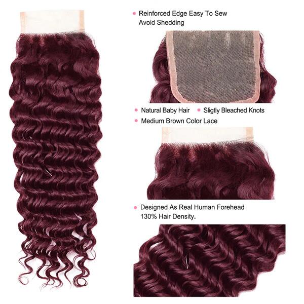 99J Burgundy Wine Red Deep Wave 3 Bundle With 4X4 Closure 100% Human Hair - Lemoda Hair