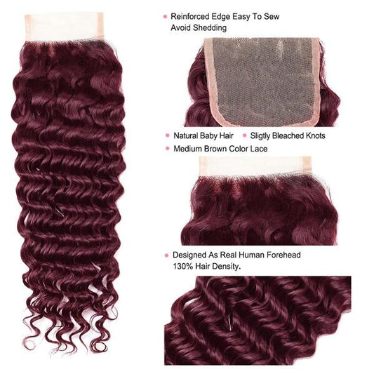 99J Burgundy Wine Red Deep Wave 3 Bundle With 4X4 Closure 100% Human Hair - Lemoda Hair
