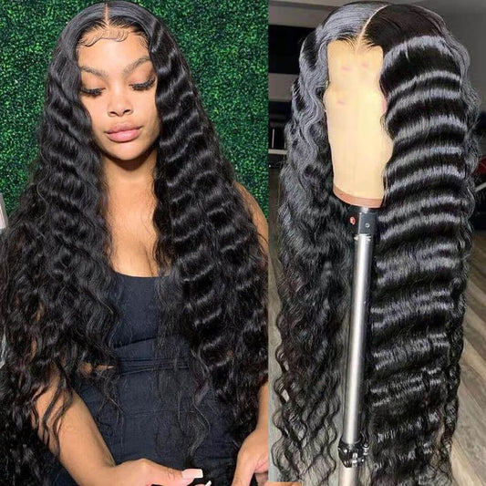 Deep Wave 150% Density Natural Black 13x4 Lace Frontal Wig 100% Virgin Human Hair