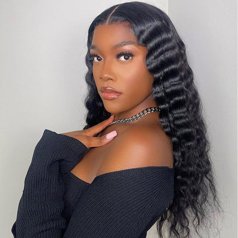 Deep Wave 150% Density Natural Black 13x4 Lace Frontal Wig 100% Virgin Human Hair