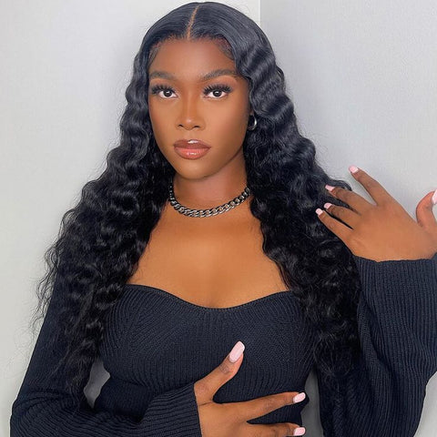 Deep Wave 150% Density Natural Black 13x4 Lace Frontal Wig 100% Virgin Human Hair