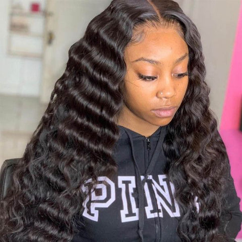 Deep Wave 150% Density Natural Black 13x4 Lace Frontal Wig 100% Virgin Human Hair