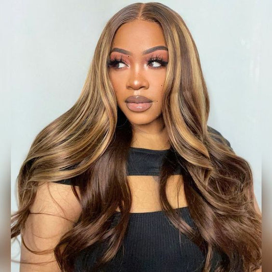 Lemoda Black Girl Honey Brown Hair Highlights 13x6 Lace Frontal Wig 180 Hair Density