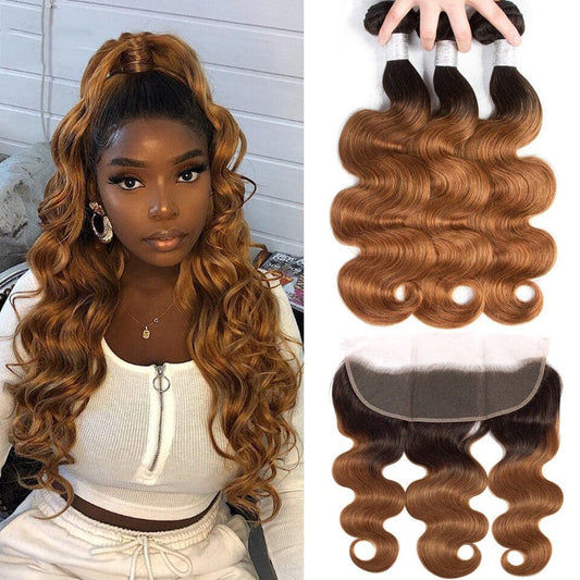 Black Roots Medium Auburn Body Wave 3 Bundles With 13x4 Lace Frontal 100% Human Hair - Lemoda Hair