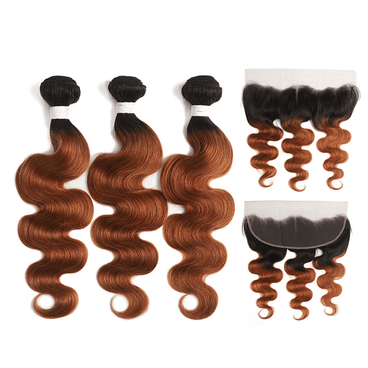 Black Roots Medium Auburn Body Wave 3 Bundles With 13x4 Lace Frontal 100% Human Hair - Lemoda Hair