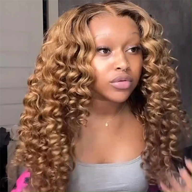 Lemoda Honey Blonde Wand Curls Pre Cut Lace Glueless Wigs 5x5 Lace Closure Wig