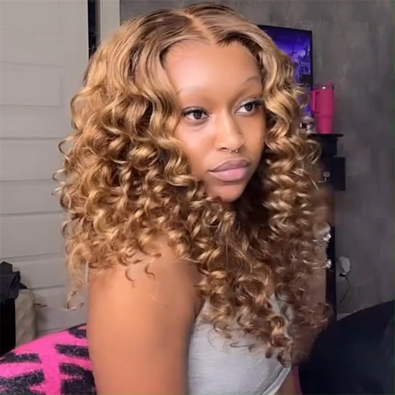 Lemoda Honey Blonde Wand Curls Pre Cut Lace Glueless Wigs 5x5 Lace Closure Wig