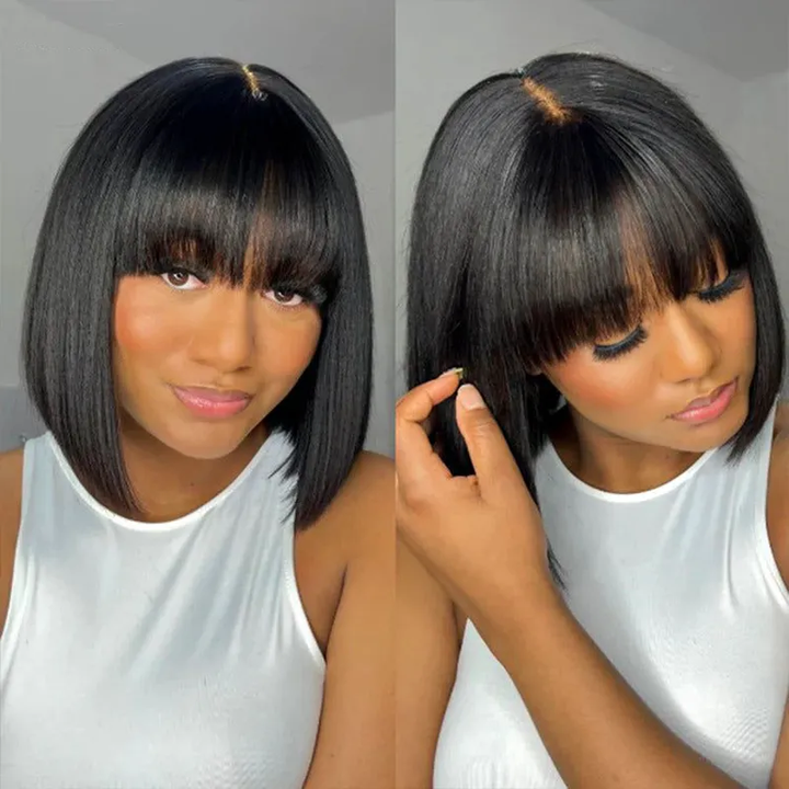 Lemoda Short Bob Wigs 3*1 Yaki Straight Bob With Bangs Minimalist Lace Wig