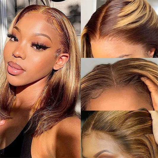 Lemoda Brown Highlight Short Bob Wigs P4/27 Straight Hair 13x4 Lace Front Bob Wigs