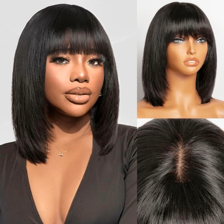 Lemoda Short Bob Wigs 3*1 Yaki Straight Bob With Bangs Minimalist Lace Wig