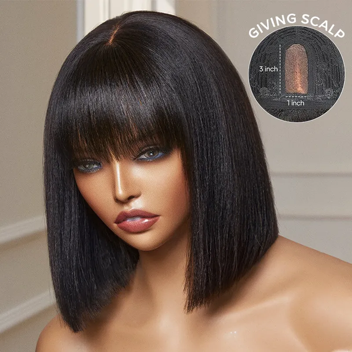 Lemoda Short Bob Wigs 3*1 Yaki Straight Bob With Bangs Minimalist Lace Wig