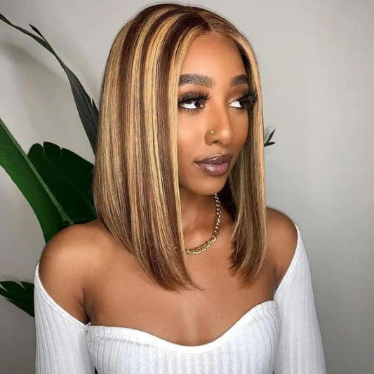 Lemoda Brown Highlight Short Bob Wigs P4/27 Straight Hair 13x4 Lace Front Bob Wigs