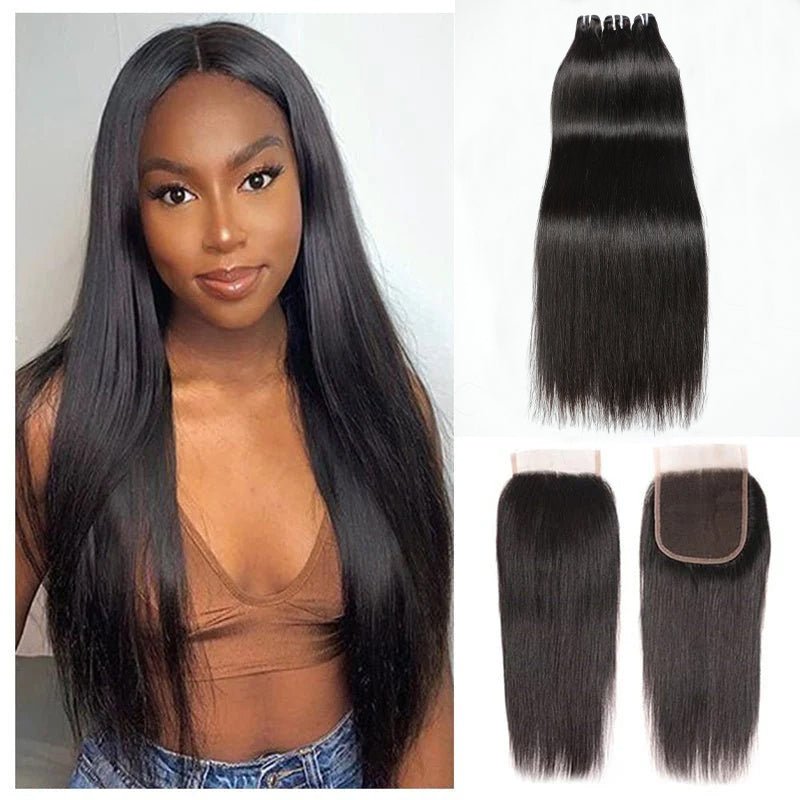 Brazilian Straight Human Hair 3 Bundles With 4x4 Lace Closure - Lemoda Hair
