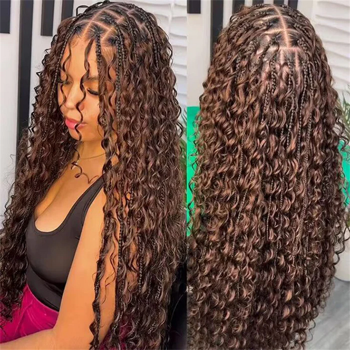 Lemoda Boho Curls Braided Wigs 13x6 Frontal Lace Pull Go Drawstring Wigs Human Hair