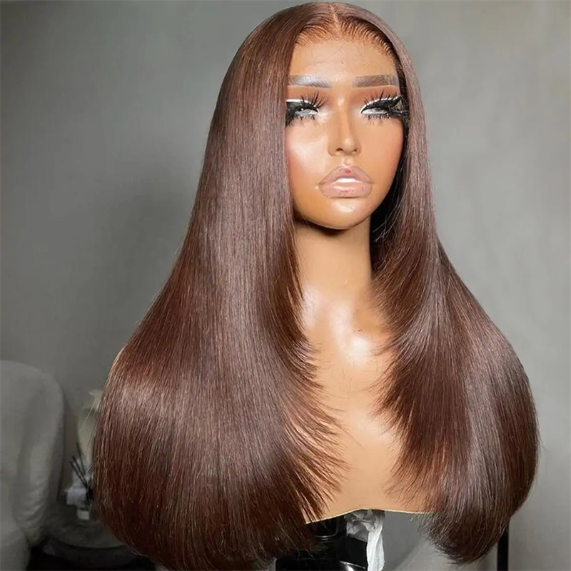 Lemoda Chocolate Brown Glueless Straight Layered Cut 5x5 13x6 Lace Front Human Hair Wigs