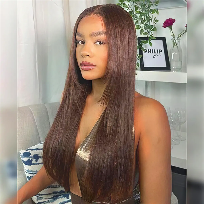 Lemoda Chocolate Brown Glueless Straight Layered Cut 5x5 13x6 Lace Front Human Hair Wigs