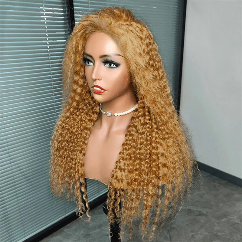 Honey Blonde Curly Hair 13x4 Transparent Lace Front Human Hair Wig With Pre Plucked