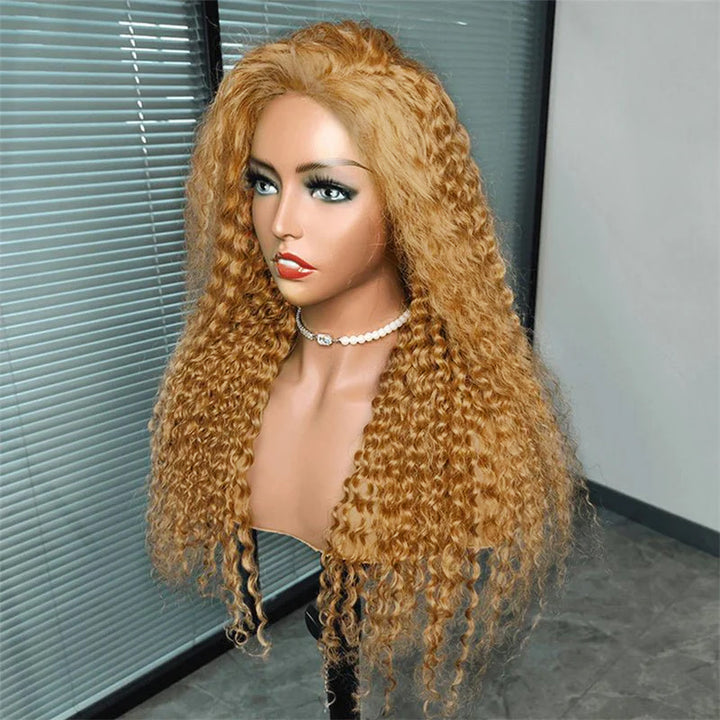 Honey Blonde Curly Hair 13x4 Transparent Lace Front Human Hair Wig With Pre Plucked