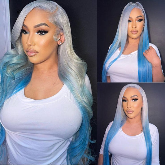 Lemoda 180% Hair Density Silver Gray Human Hair Wig With Blue Underneath 13x6 Lace Frontal Wig