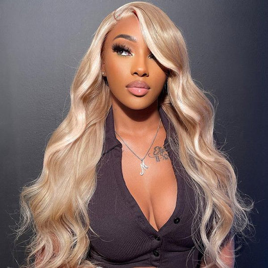 Lemoda Blonde Wig with Brown Highlights 180% Hair Density 13x6 Lace Frontal Body Wave Wig Highly Recomend