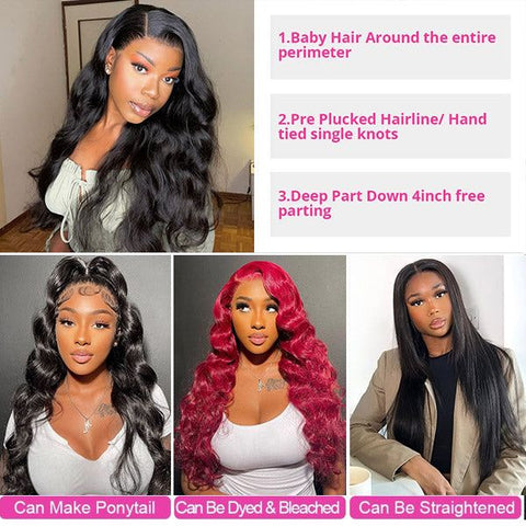 4x4 Lace Closure Wigs Human Hair Brazilian 180% Hair Density Body Wave with Pre-plucked Baby Hair