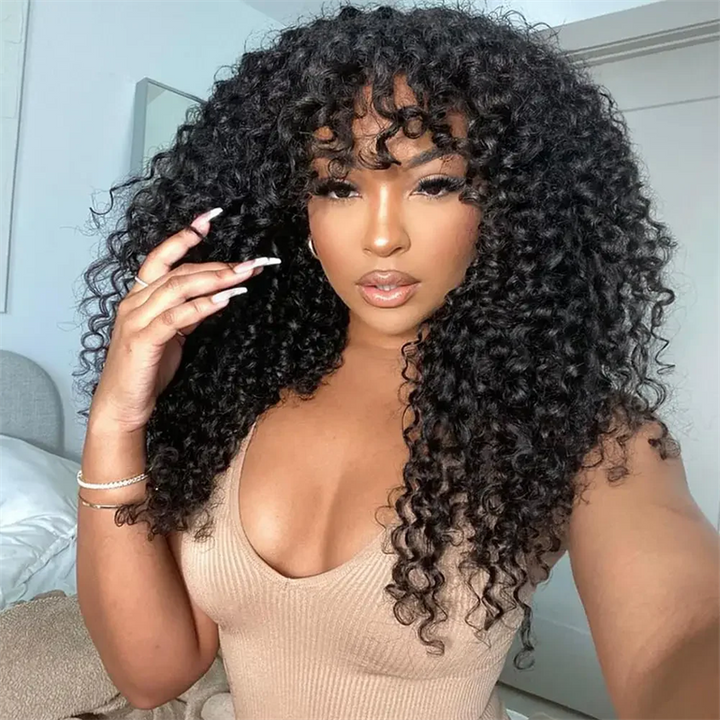 Lemoda Burmese Curly Human Hair Wig With Bangs Natural Color Human Hair Glueless Wigs