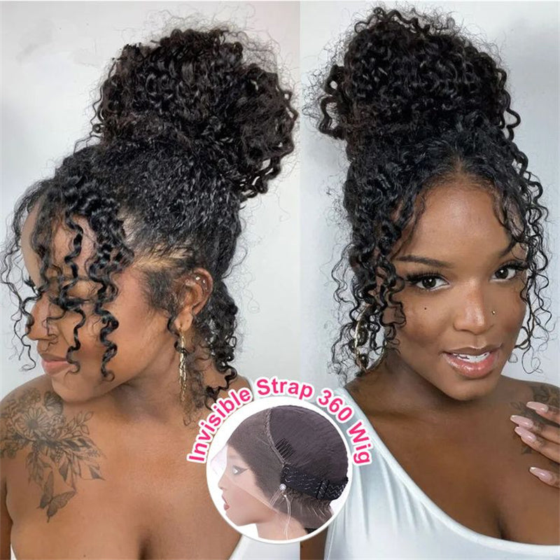 Lemoda Kinky Curly Invisi-Drawstring Snug Fit 360 Lace Wigs HD Transparent Full Frontal Human Hair Wigs