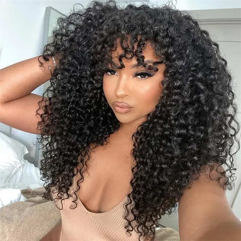 Lemoda Burmese Curly Human Hair Wig With Bangs Natural Color Human Hair Glueless Wigs