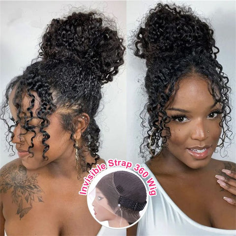 Lemoda Kinky Curly Invisi-Drawstring Snug Fit 360 Lace Wigs HD Transparent Full Frontal Human Hair Wigs