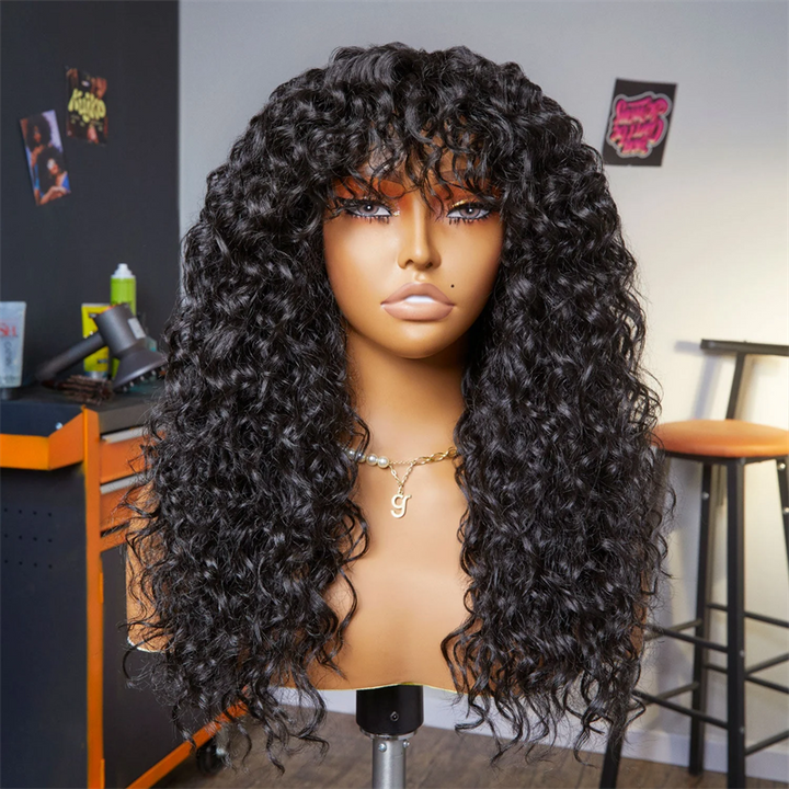Lemoda Burmese Curly Human Hair Wig With Bangs Natural Color Human Hair Glueless Wigs