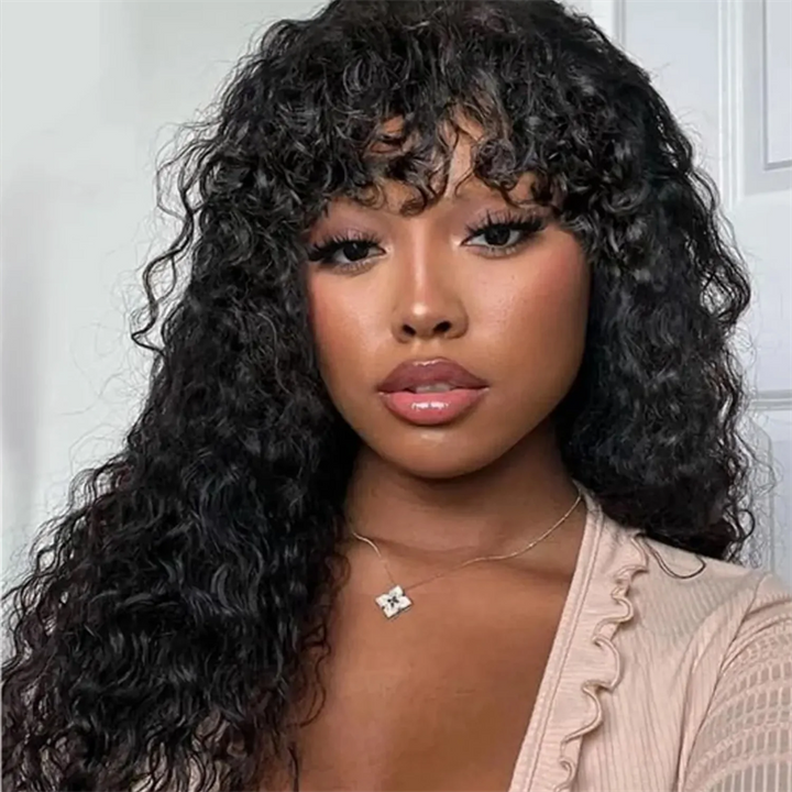 Lemoda Burmese Curly Human Hair Wig With Bangs Natural Color Human Hair Glueless Wigs