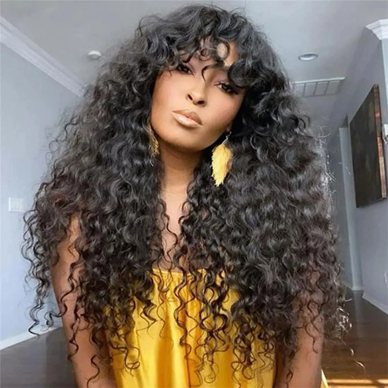 Lemoda Burmese Curly Human Hair Wig With Bangs Natural Color Human Hair Glueless Wigs