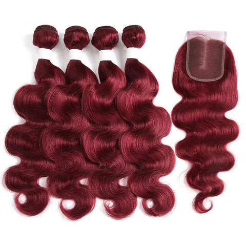 Dark Red Burg body wave 4 Bundles With 4x4 Lace Closure 100% Real Human Hair - Lemoda Hair