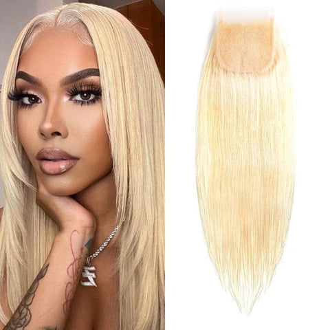 4x4 Swiss Lace Closure Indian Human Hair 613 Blonde Straight Wig