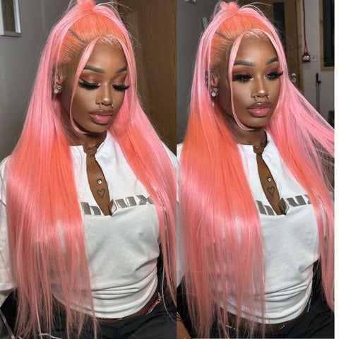 13x6 Lace Frontal Human Hair Wig 180% Density Party Pink Transparent HD Lace Wig