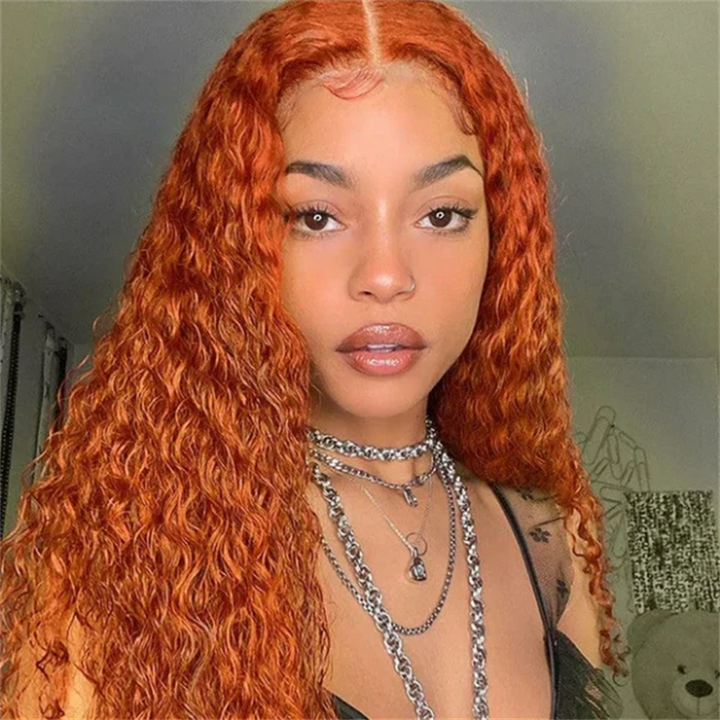 Water Wave 13x4 Lace Front Wig Orange Ginger Deep Wave Human Hair Wigs