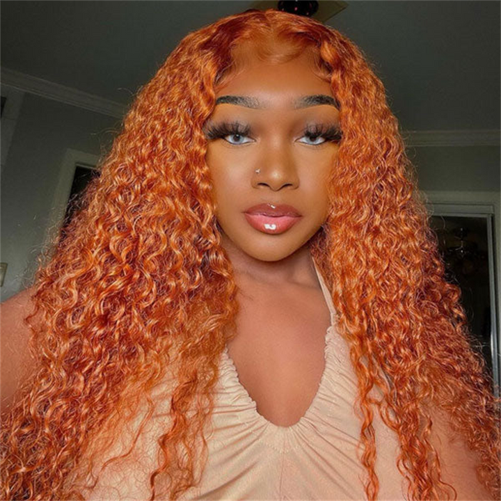 Water Wave 13x4 Lace Front Wig Orange Ginger Deep Wave Human Hair Wigs