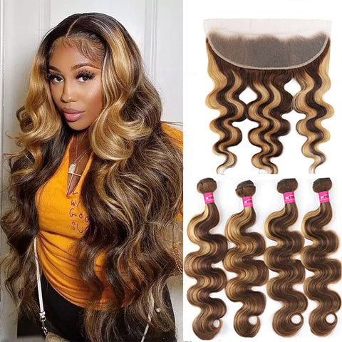 Highlight P4/27 Body Wave 4 Bundles With 13x4 Transparent Lace Frontal100% Real Human Hair - Lemoda Hair