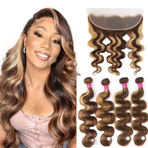 Highlight P4/27 Body Wave 4 Bundles With 13x4 Transparent Lace Frontal100% Real Human Hair - Lemoda Hair