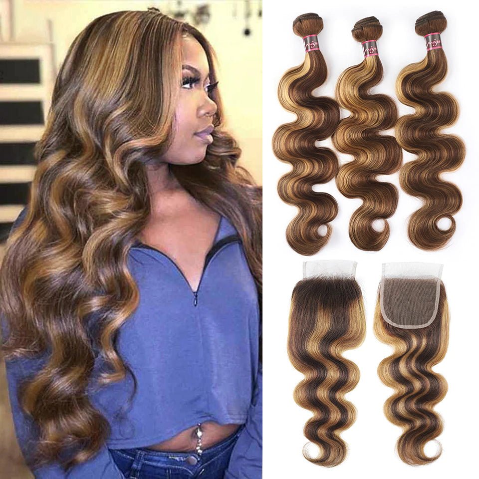 Highlight P4/27 Ombre Body Wave 3 Bundles With 4X4 Lace Closure 100% Real Human Hair - Lemoda Hair