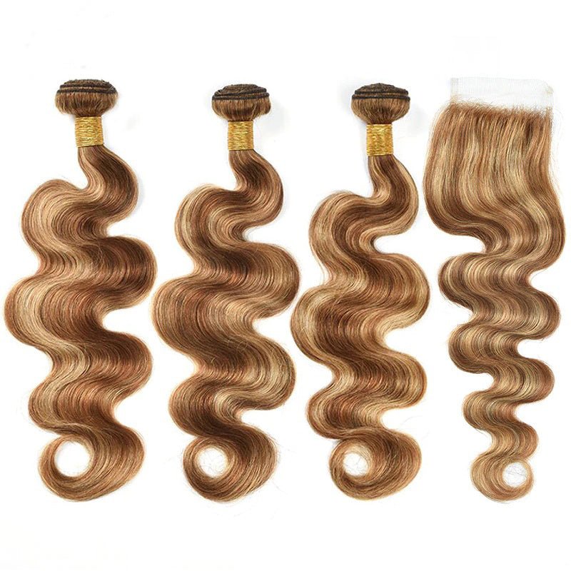 Highlight P4/27 Ombre Body Wave 3 Bundles With 4X4 Lace Closure 100% Real Human Hair - Lemoda Hair