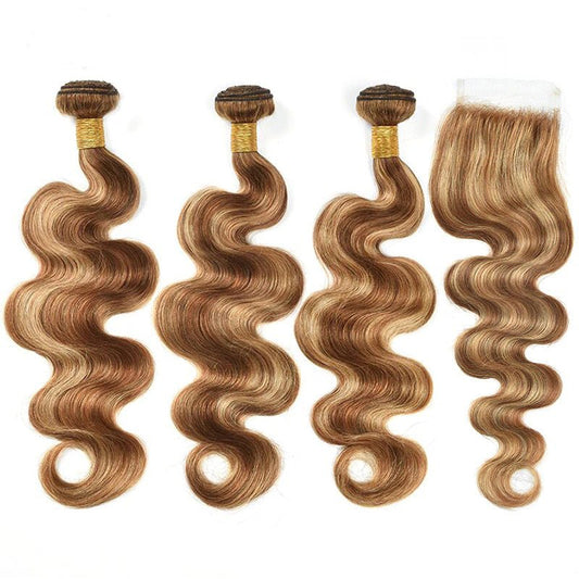 Highlight P4/27 Ombre Body Wave 3 Bundles With 4X4 Lace Closure 100% Real Human Hair - Lemoda Hair