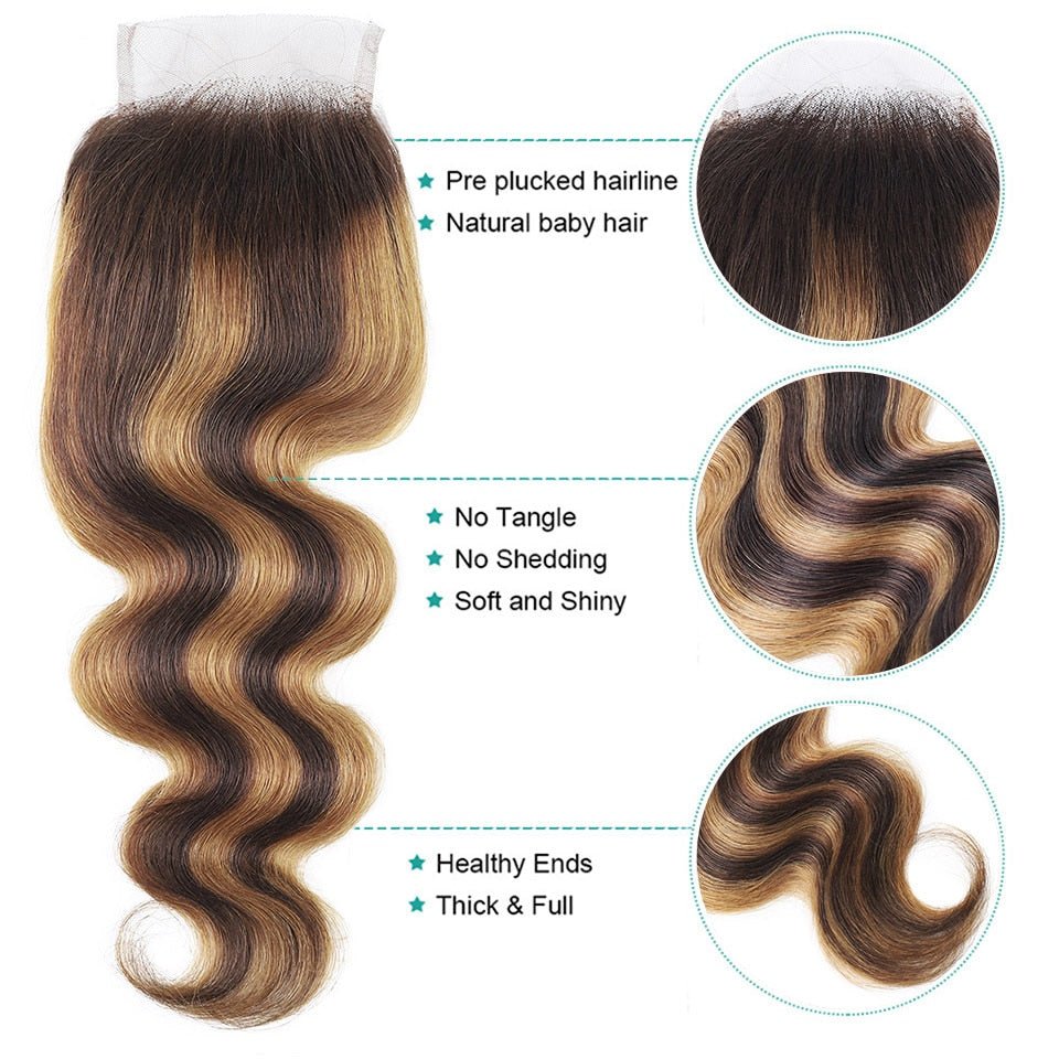 Highlight P4/27 Ombre Body Wave 3 Bundles With 4X4 Lace Closure 100% Real Human Hair - Lemoda Hair