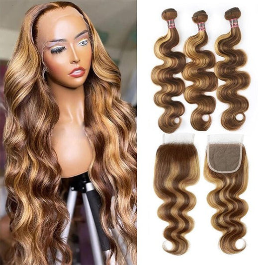 Highlight P4/27 Ombre Body Wave 3 Bundles With 4X4 Lace Closure 100% Real Human Hair - Lemoda Hair