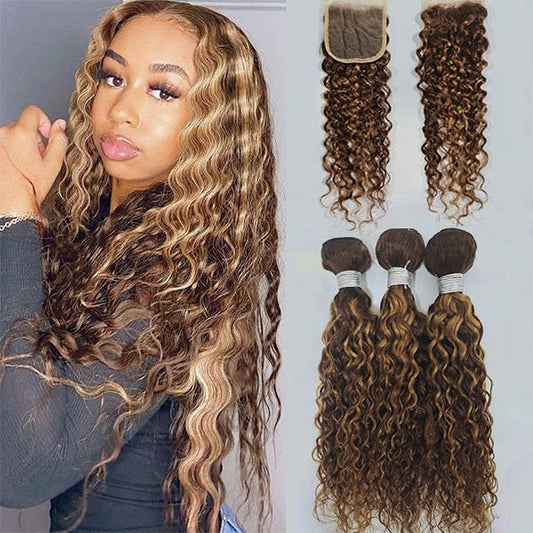 Highlight P4/27 Water Wave 3 Bundles With 4X4 Lace Closure 100% Virgin Human Hair - Lemoda Hair