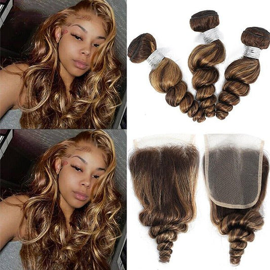 Highlight P4/30 Loose Deep Wave 3 Bundles With 4X4 Transparent Lace Closure Virgin Human Hair - Lemoda Hair