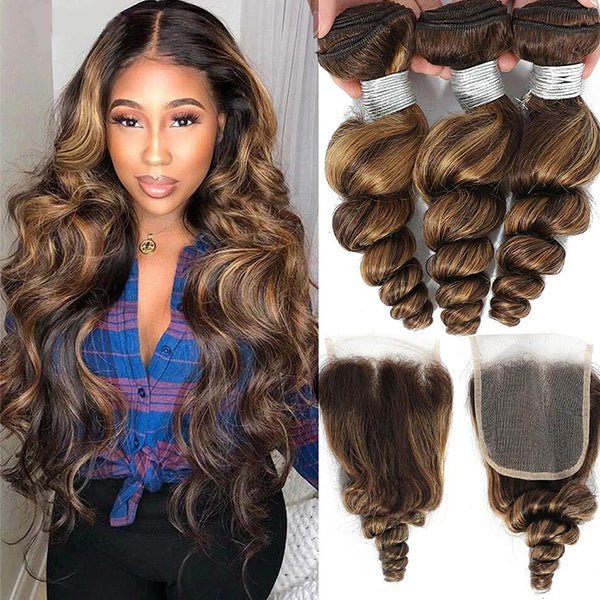 Highlight P4/30 Loose Deep Wave 3 Bundles With 4X4 Transparent Lace Closure Virgin Human Hair - Lemoda Hair