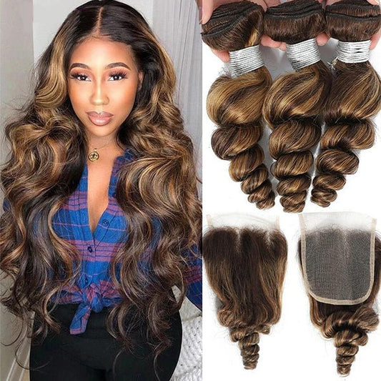 Highlight P4/30 Loose Deep Wave 3 Bundles With 4X4 Transparent Lace Closure Virgin Human Hair - Lemoda Hair