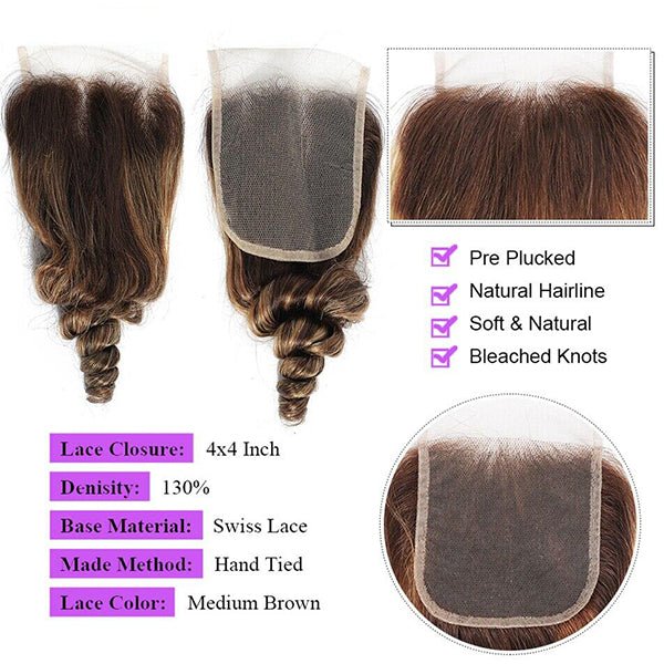 Highlight P4/30 Loose Deep Wave 3 Bundles With 4X4 Transparent Lace Closure Virgin Human Hair - Lemoda Hair