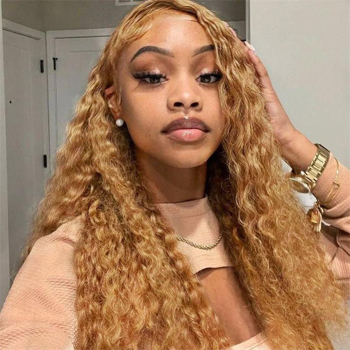Honey Blonde 13x6 Water Wave Lace Frontal Wigs Human Hair Transparent Lace Frontal Wig Pre Plucked Wat and Wavy Curly Virgin Human Hair Wigs - Lemoda Hair